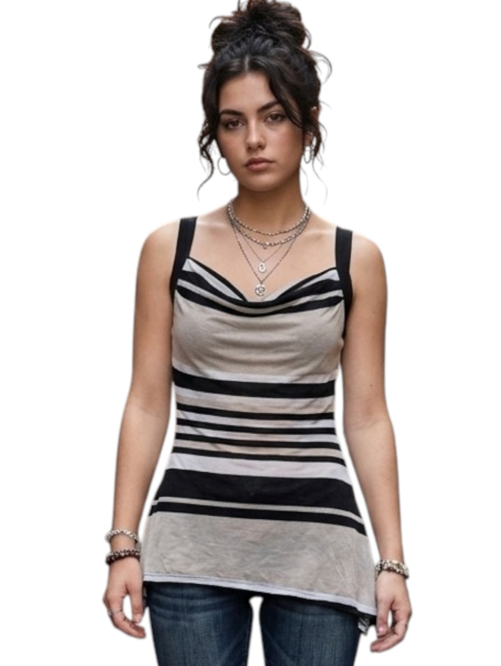 Vintage Just Me Tank Top Y2K Asymmetric Womens Medium Coastal Layers Beige Black